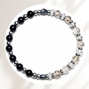 Elegant Silver GENUINE clear Quartz and Black Tourmaline Bracelet